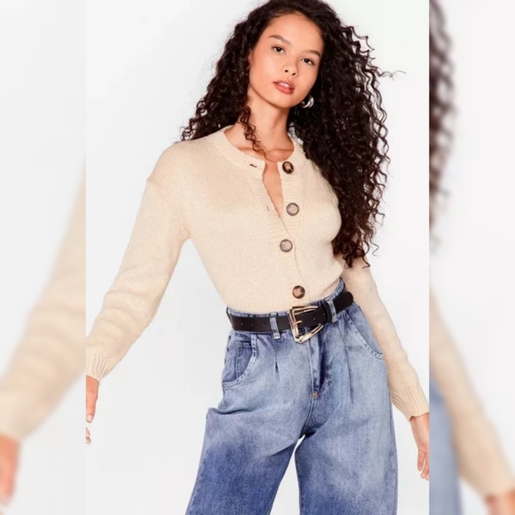 Nasty Gal Sweaters - New Nasty Gal Knit Crop Top Cardigan Button Up Tan Festive Holiday Sweater Small